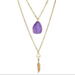 Double Layered Faux Crystal Feather Necklace